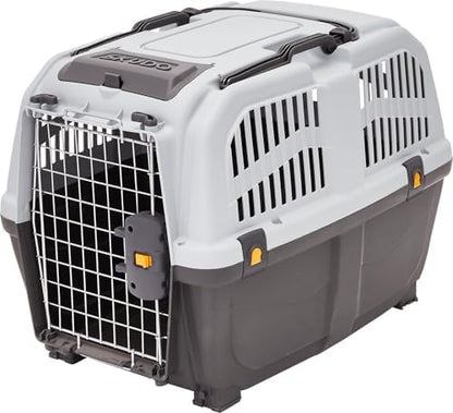 Side profile of the grey Skudo medium dog crate showing the ventilated design and snap-lock buckles