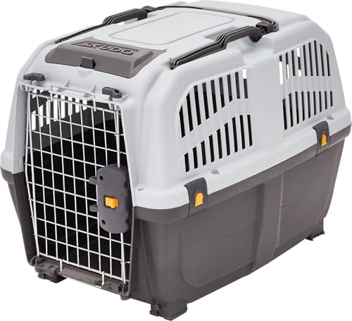 Side profile of the grey Skudo medium dog crate showing the ventilated design and snap-lock buckles