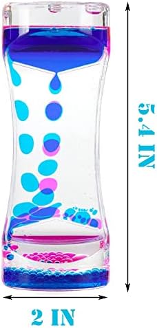 Close up of Oneshow sensory liquid timer showing colorful droplets merging inside the acrylic shell.