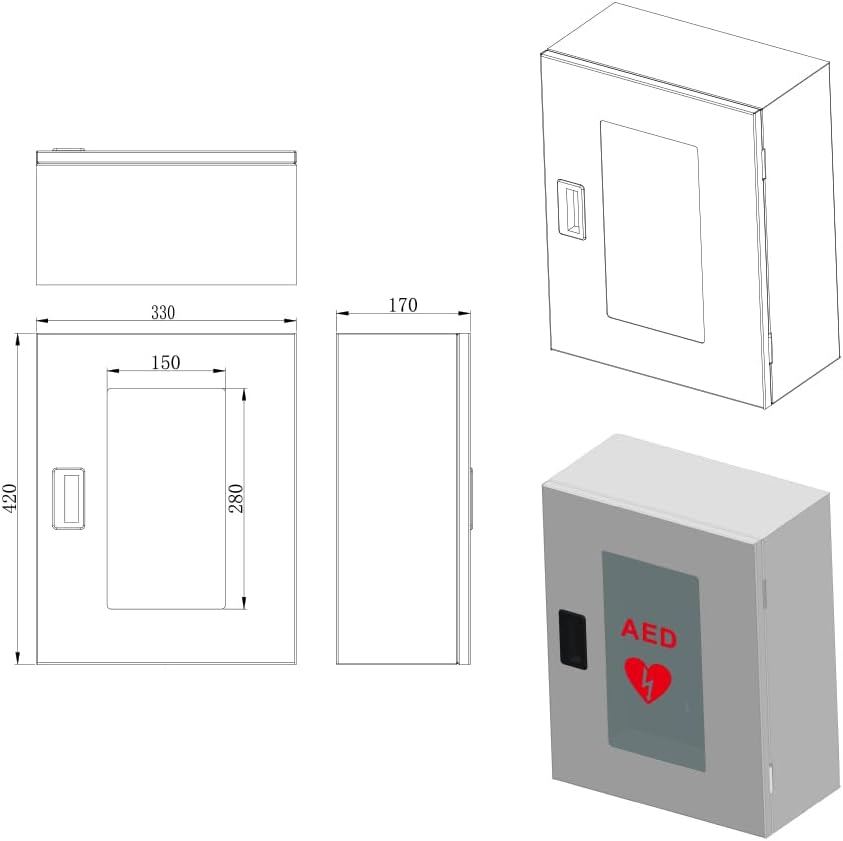 Grey aluminium defibrillator cabinet with transparent viewing window