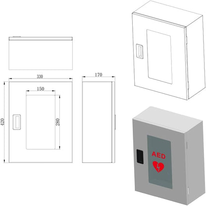 Grey aluminium defibrillator cabinet with transparent viewing window