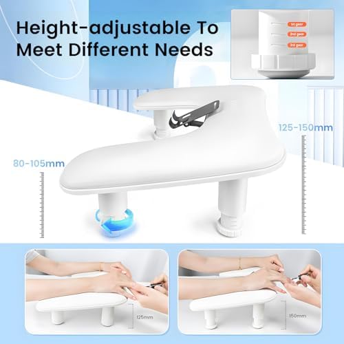 Side angle of Jodsone nail arm rest showing height adjustment