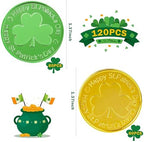 OHOME plastic shamrock coins close up view showing the detailed double sided lucky clover embossing