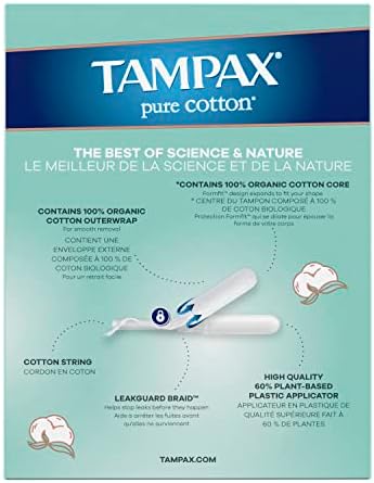 Side view of Tampax Pure Cotton box detailing the 100% organic cotton core and unscented features.