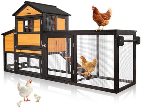 Chicken Coop with Run for 4-6 Chickens, Outdoor Mobile Hen House with Wheels, Easy Clean Nesting Box and Tray, Waterproof Asphalt Roof, Better Airflow, Wooden Poultry Cage, Brown, 81.5"x25.6"x44.1" - Image 2