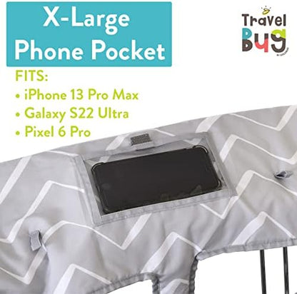 Travel Bug toddler trolley liner with toys attached to built-in fabric loops