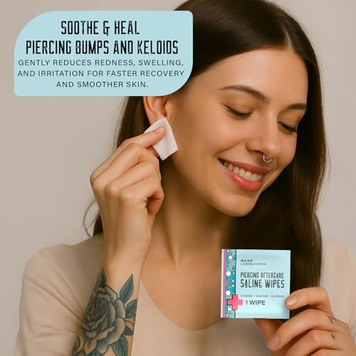 Individually wrapped saline towelettes for hygienic body piercing cleaning.