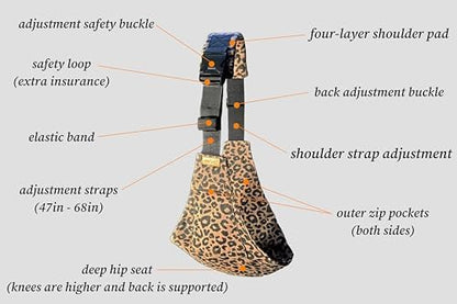 Adjustable child sling carrier demonstrating full strap extension range.