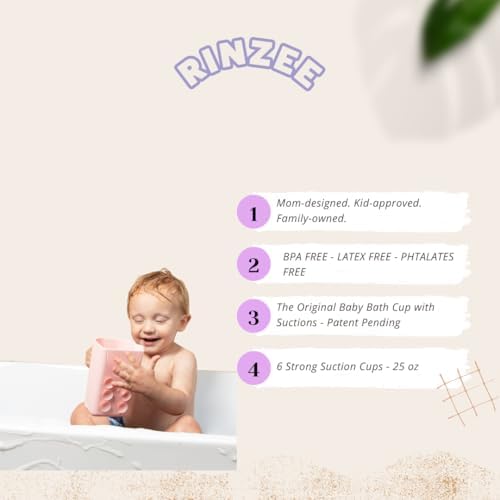 Rinzee pink shampoo rinse cup being used by a parent to carefully pour water over a child's hair.
