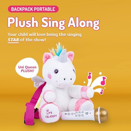 Singing Machine portable kids karaoke machine with corded microphone secured in the side strap holder.