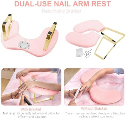 Client using pink U-shaped nail pillow for acrylic nails