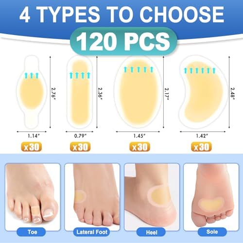Four different shapes of gel blister pads for heel and toe application