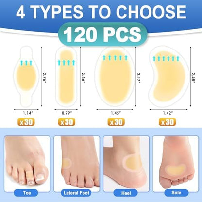 Four different shapes of gel blister pads for heel and toe application