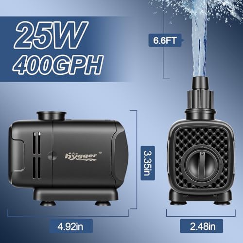 Hygger aquarium fountain pump with bottom suction attachment for low level water changing.