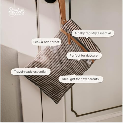 Parker Baby Co. striped wet dry bag attached to stroller