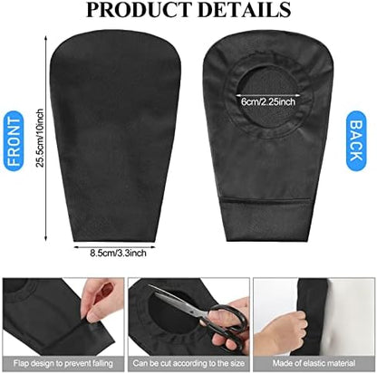 Four pieces of black washable colostomy bag liners spread out
