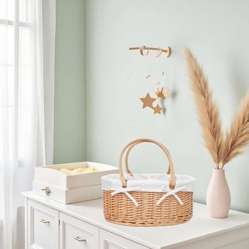 Qingtuhome Wicker Baby Organizer showing durable PU leather handles