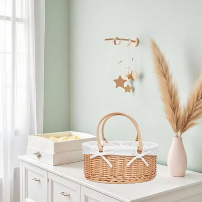 Qingtuhome Wicker Baby Organizer showing durable PU leather handles