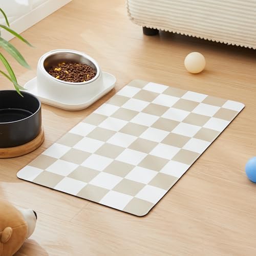 Khaki beige checkerboard pet placemat on floor