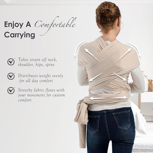 Packaging and full length view of the imported Misswisdom infant wrap carrier in beige.