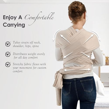 Packaging and full length view of the imported Misswisdom infant wrap carrier in beige.