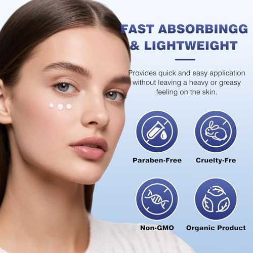 USA imported caffeine eye cream tube packaging highlighting wrinkles and puffiness removal