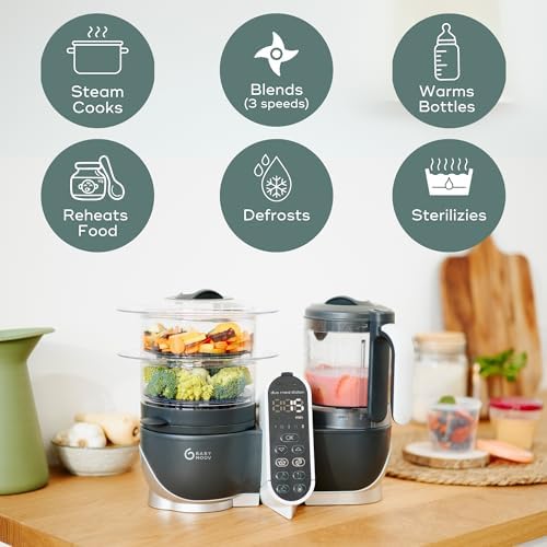 Babymoov industrial grey food processor steaming fruits and blending purees simultaneously