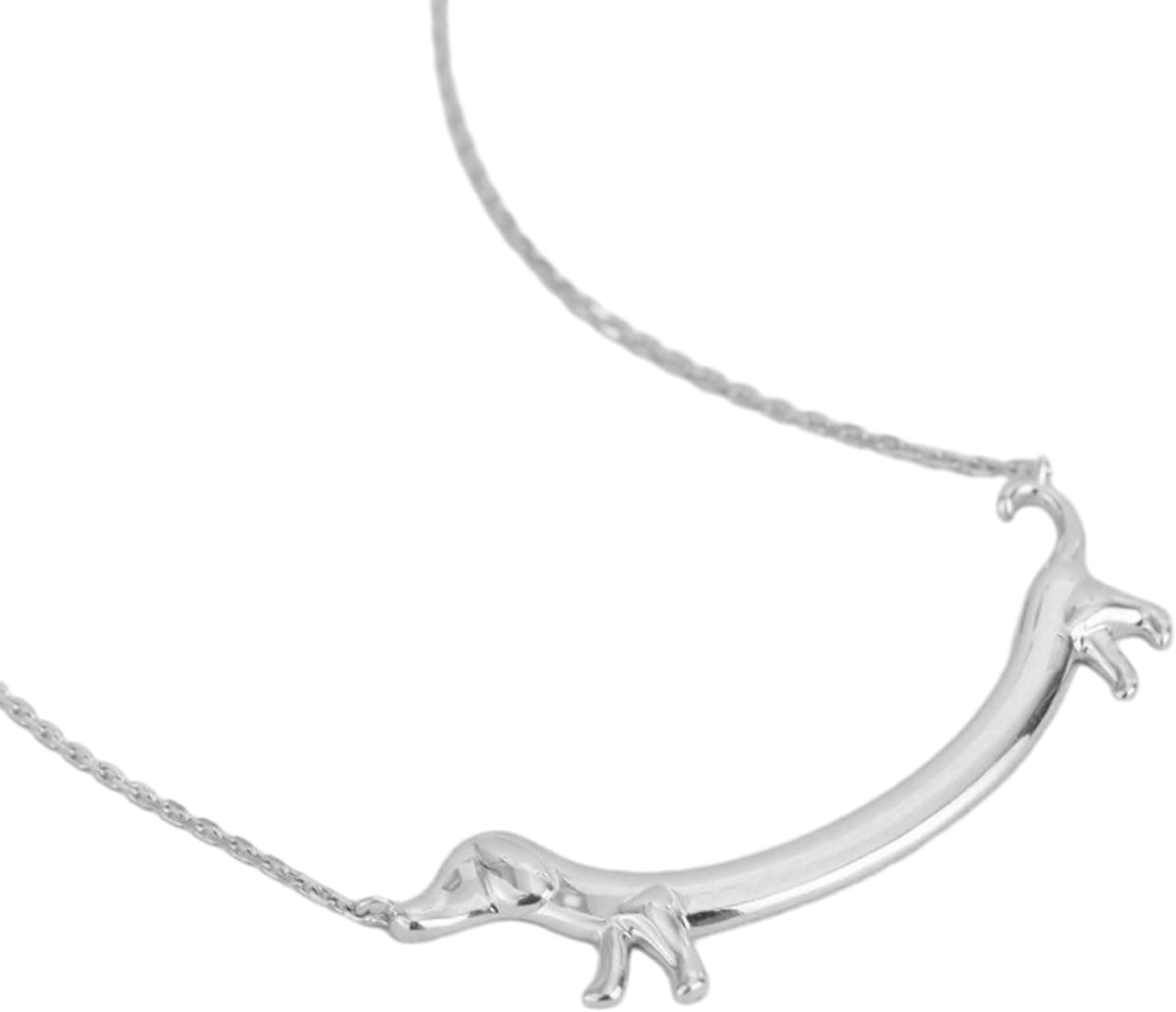XROLAND elongated wiener dog neck chain side view delicate gold chain