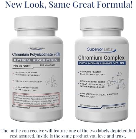 Superior Labs chromium polynicotinate 200 micrograms supplement label facts showing ingredients.