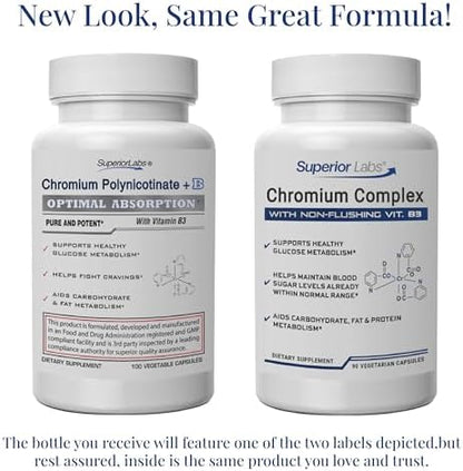 Superior Labs chromium polynicotinate 200 micrograms supplement label facts showing ingredients.