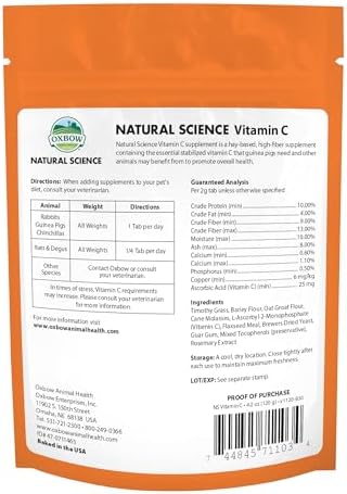 Oxbow vitamin c supplement 60 tablets bottle back label