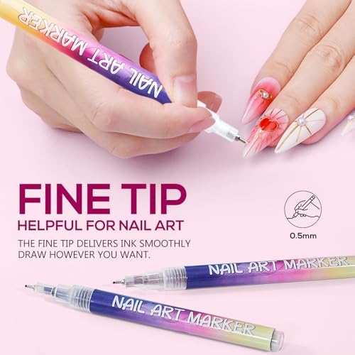 Hand holding LuWomenre nail art pen drawing design on fingernail