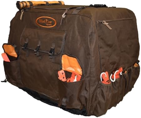 Back view of the premium Mud River brown insulated dog kennel cover protecting a portable pet crate.