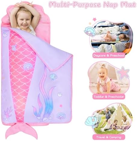 Gophralove portable preschool sleeping bag rolled up with travel handle secured.