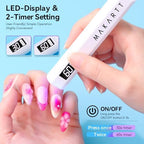 Makartt mini UV nail light held in hand demonstrating portable manicure application
