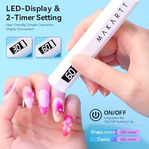 Makartt mini UV nail light held in hand demonstrating portable manicure application