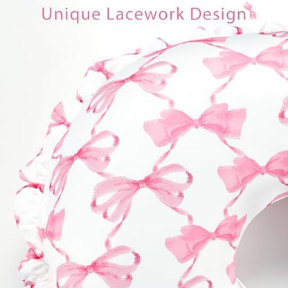 White nursing pillow cover with pink bow pattern