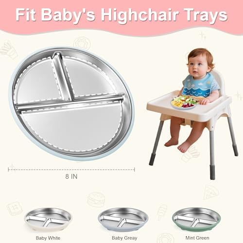 Three pack of divided stainless steel baby plates with colorful silicone sleeves
