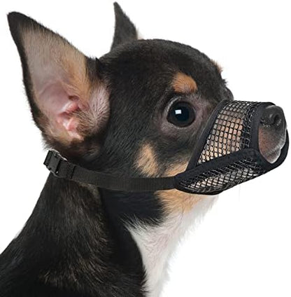 Black breathable mesh puppy muzzle showing adjustable nylon neck strap