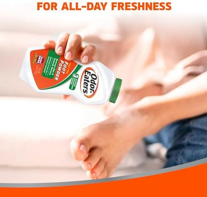 Easy grip bottle design of Odor-Eaters medicated foot powder for daily use.