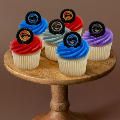Colorful monster truck ring decorations on cupcakes