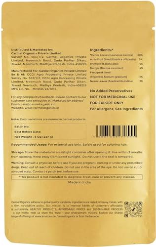 Back label of Carmel Organics chemical free henna powder with usage details