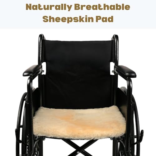 Medical sheepskin pad on a wheelchair for pressure support