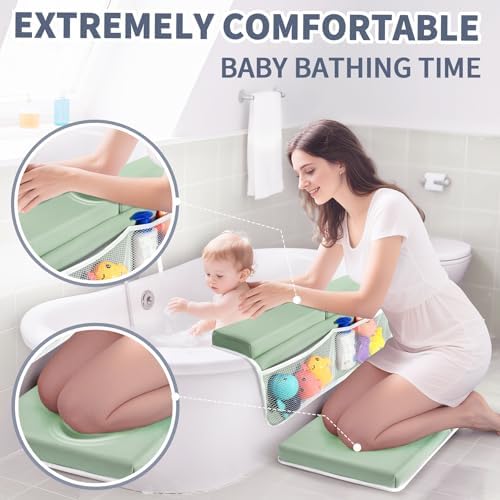 URMYWO mesh storage organizer pockets holding baby bath toys and shampoo bottles near the bathtub