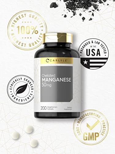 Close up of Carlyle Manganese 50mg tablet bottle packaging