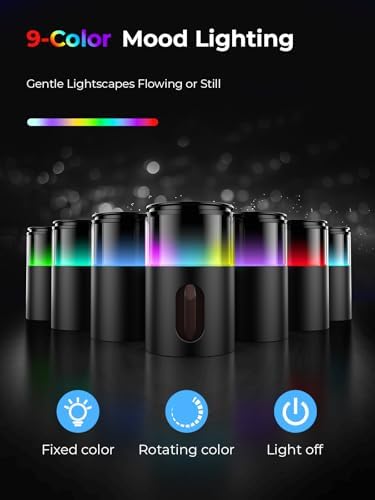 Portable battery operated nebulizer showing 9 color LED light functionality.