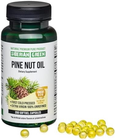 Siberian Green extra virgin unrefined pine nut capsules containing Omega fatty acids for digestive health.