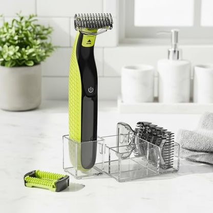 KIONCARE replacement guide combs from one millimeter to six millimeters arranged neatly on the clear acrylic storage stand.