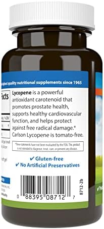 Carlson lycopene 180 softgels side label showing supplement facts and ingredients