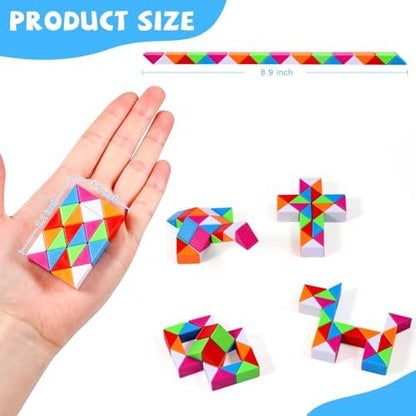 Bulk set of twenty-four mini snake cubes displaying vibrant multicolored patterns for party favors.